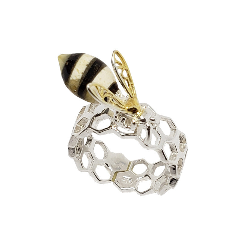 Honeycomb Bee Sterling Silver Adjustable ring