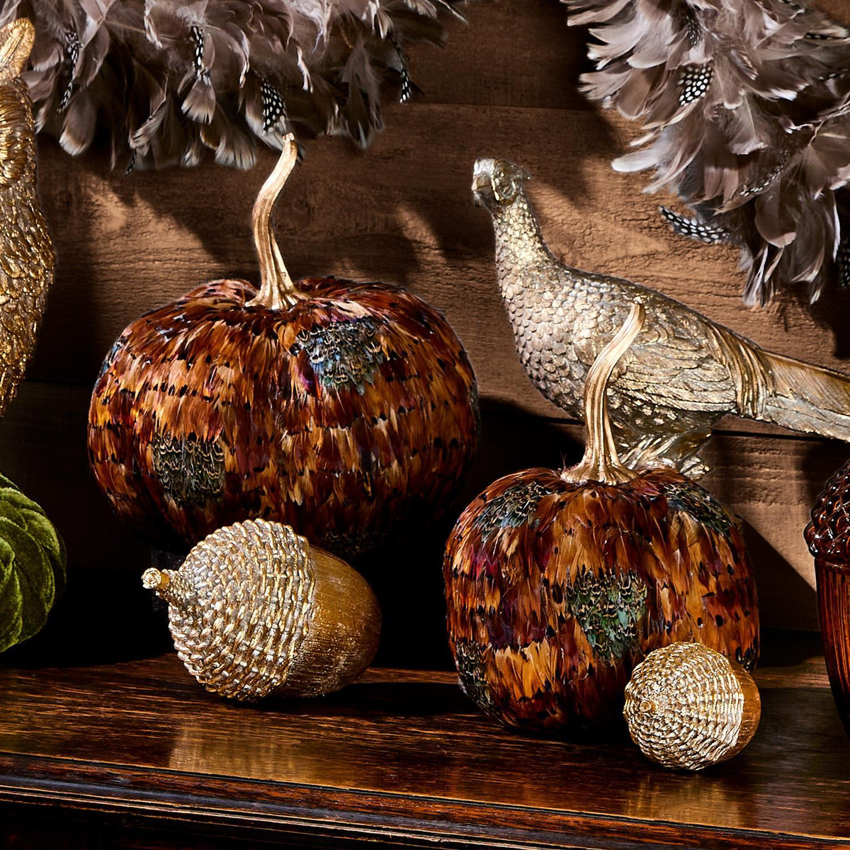 Pheasant Feather Pumpkins S/2
