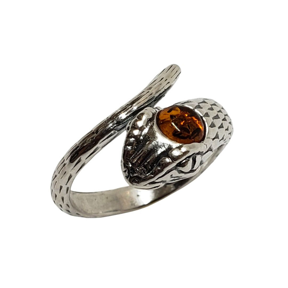 Sterling Silver Adjustable Cognac Amber Snake Ring